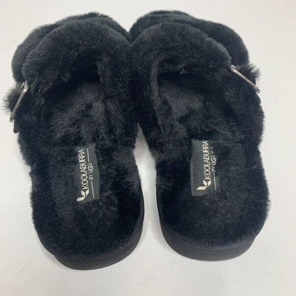 UGG Fuzz Yeah Black Sheepskin Shearling Sherpa Slippers Sandals Womens Size 7M - Picture 6 of 8